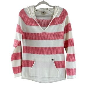 Roxy Women’s Pink Cream Ribbed V Neck Relaxed Fit Hooded Sweater Sz M